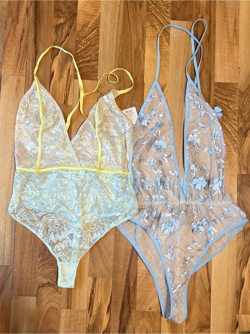 Nasty Gal Sheer Lace Bodysuit in Baby Blue & Nude